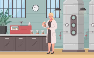 Şeker üretim fabrikası işçisi elinde cam tüp ve arka planda kaynama ekipmanı olan vektör çizimi yapıyor.