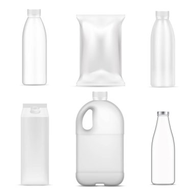 Süt, beyaz arkaplan vektör illüstrasyonunda izole edilmiş gerçekçi cam ve plastik paketlerdir.