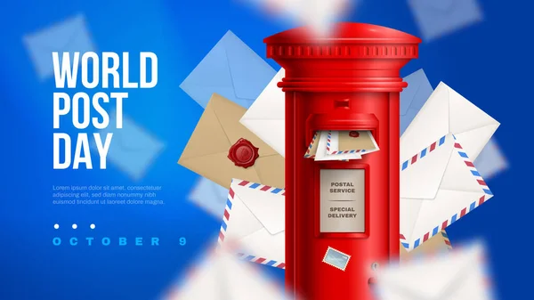大きな赤いボックスと世界のポストの日の説明ベクトルのイラストと現実的なポスト水平ポスター — ストックベクタ