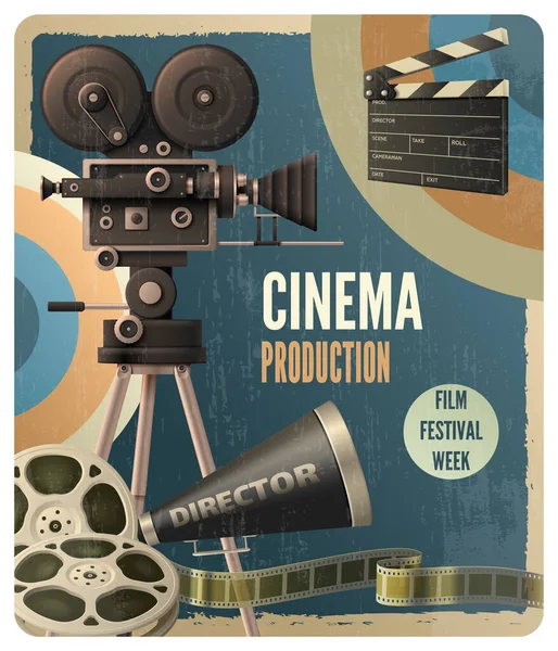 Plantilla Realista Diseño Vintage Cine Producción Festival Cine Semana Cartel — Vector de stock