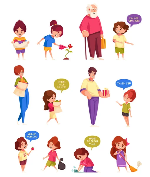Icônes Enfants Bien Comportées Avec Des Enfants Aidant Les Adultes — Image vectorielle