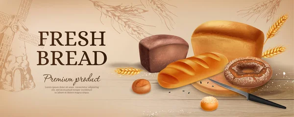 Realistic Bread Ads Horizontal Poster Vintage Style Fresh Bread Headline — Stock Vector