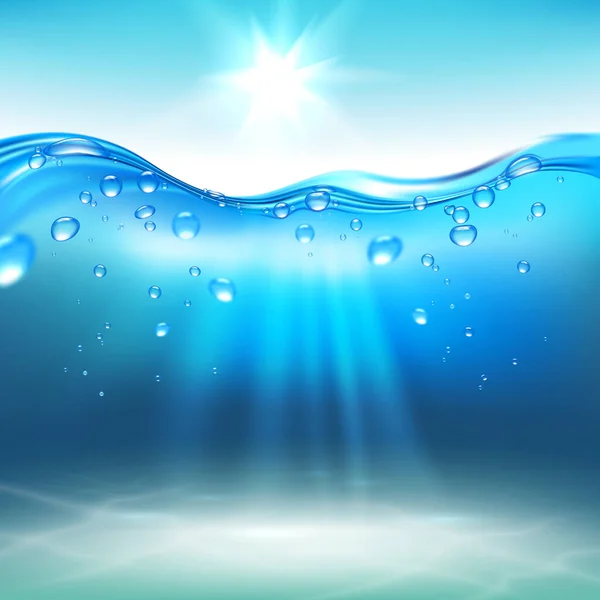 Μπλε Κύμα Νερού Φυσαλίδες Και Ακτίνες Του Ήλιου Στο Βυθό — Διανυσματικό Αρχείο