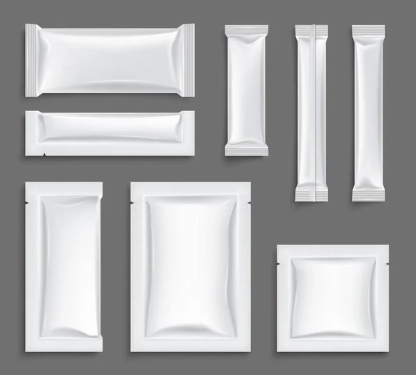 White Paper Sachet Packet Mockups Sugar Soluble Powder Realistic Set — Stock Vector