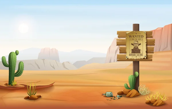 Wild West Cartoon Komposition Mit Outdoor Landschaft Kakteen Pflanzen Und — Stockvektor