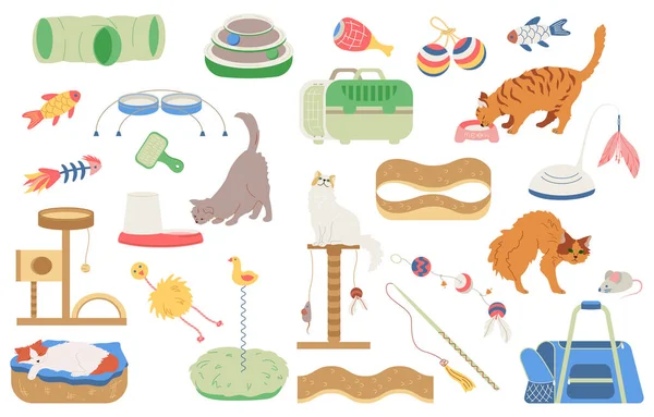 Kattenaccessoires Set Met Platte Geïsoleerde Pictogrammen Van Dierendraagtassen Speelgoed Diverse — Stockvector
