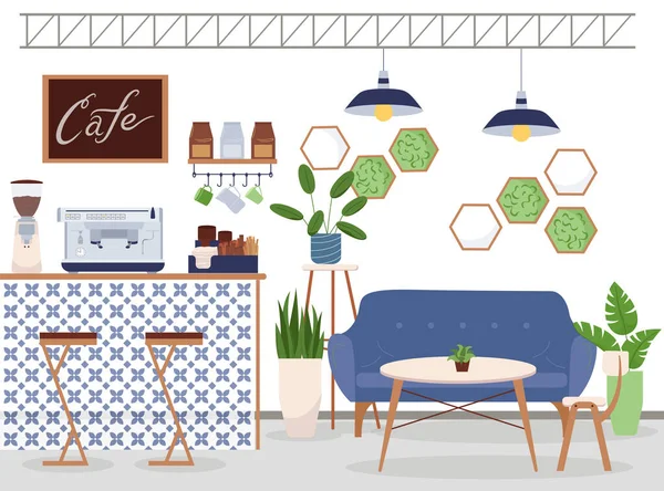 Moderne Öko Café Flache Hintergrundkomposition Mit Frontansicht Der Theke Tisch — Stockvektor