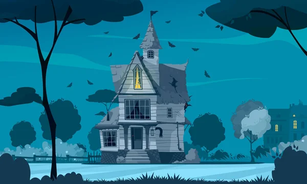 带有恐怖建筑的可怕的房屋海报 在夜间矢量图解处 — 图库矢量图片