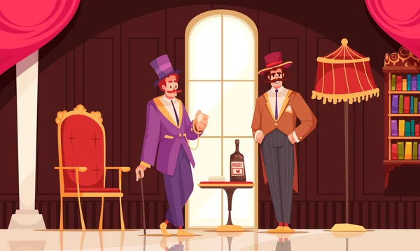 Aristocrat Cartoon Poster Met Heren Chique Kleren Drinken Whisky Vector — Stockvector