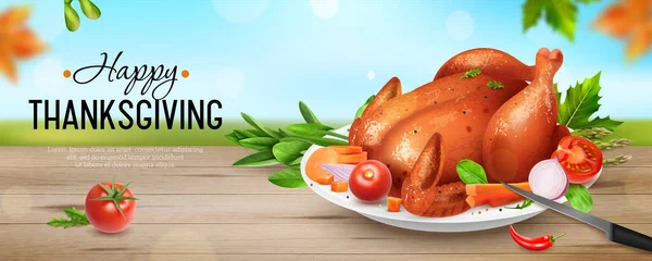 Selamat Hari Thanksgiving Poster Horisontal Yang Realistis Dengan Kalkun Goreng - Stok Vektor