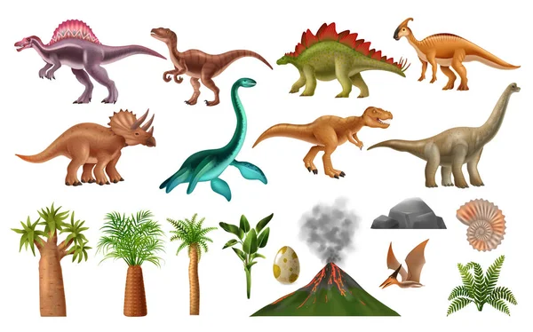 Dinosaurussoorten Jurassieke Landschapselementen Realistische Set Geïsoleerde Vectorillustratie — Stockvector