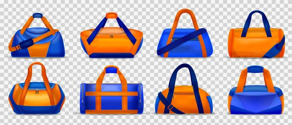 透明背景ベクトルイラストで隔離されたスタイリッシュな明るいオレンジと青のジムバッグの現実的なセット — ストックベクタ