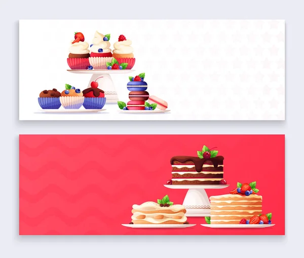 两个横向横幅 贴有各种甜点 上面装饰着新鲜的浆果和薄荷 背景为白色和红色 呈平面 孤立的矢量图解 — 图库矢量图片
