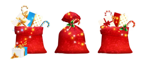 Tres Bolsas Navidad Rojas Realistas Con Regalos Bastones Caramelo Guirnaldas — Archivo Imágenes Vectoriales