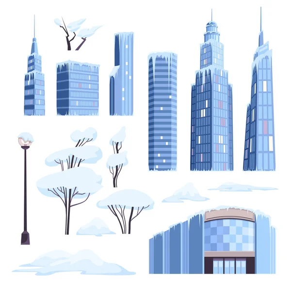 Ледяной Снег Современный Город Изолированными Иконами Небоскребов Сосульки Снежные Деревья — стоковый вектор
