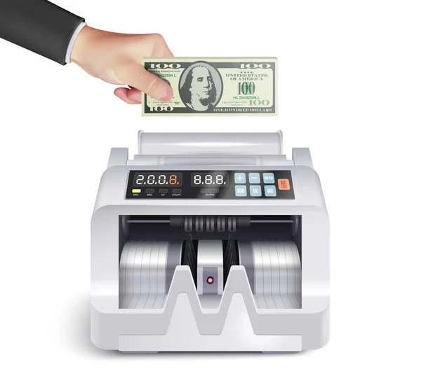 Realistische Geldtelmachine Compositie Met Menselijke Hand Stoppen Dollar Bankbiljet Apparaat — Stockvector