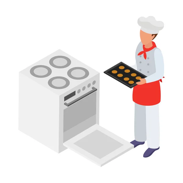 Kochen Isometrische Zusammensetzung Mit Menschlichen Charakter Des Kochs Mit Küchengeräten — Stockvektor