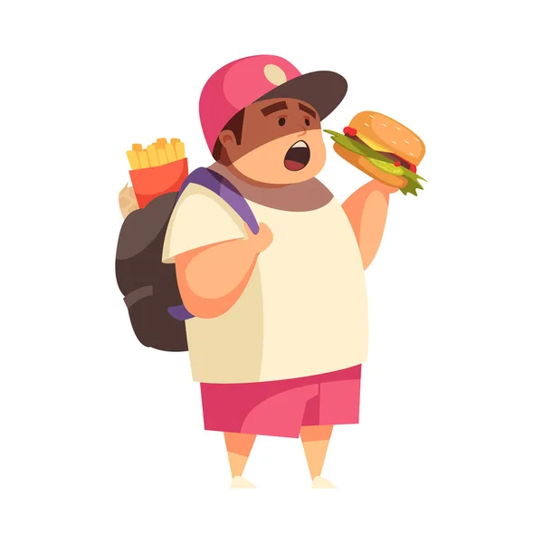 Flat Gluttony Concept Obese Boy Eating Junk Food Vector Illustration — Stock Vector