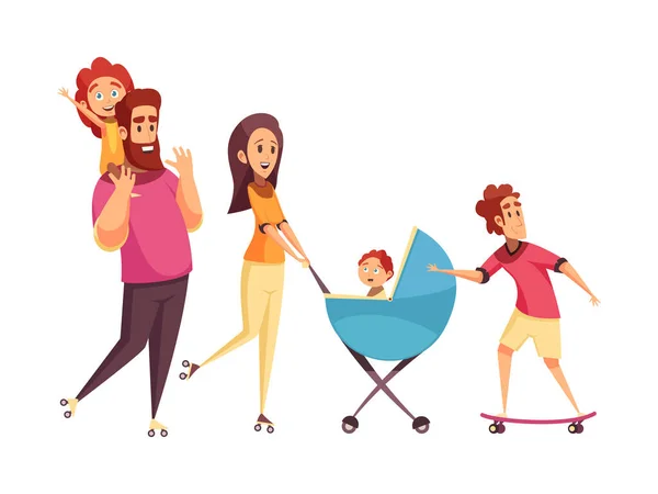 Mutlu Aile Parkta Bebek Arabası Kaykay Düz Vektör Çizimiyle Birlikte — Stok Vektör