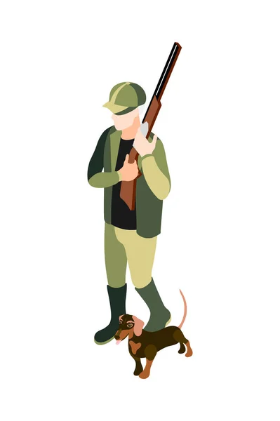 Ισομετρική Άνθρωπος Κυνήγι Όπλο Σκυλί Του Διανυσματική Απεικόνιση — Διανυσματικό Αρχείο