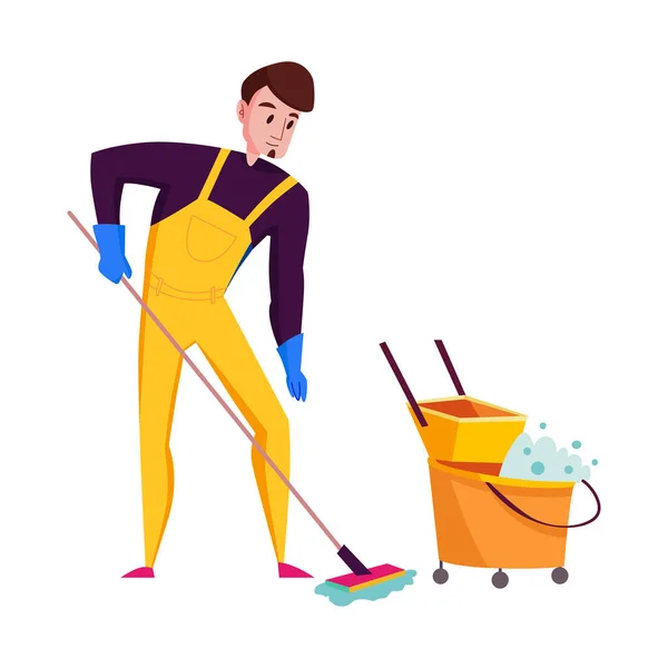 Flat Cleaning Service Worker Uniform Mopping Floor Vector Illustration — Stock Vector