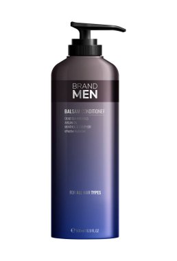 Erkek vektör illüstrasyonu için saç kremi kullanan gerçekçi bir şeker şişesi.