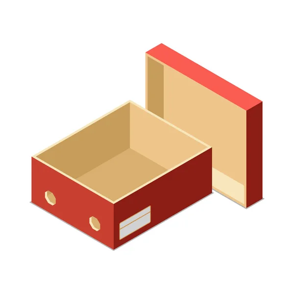 Izometryczne Otwarte Czerwone Pudełko Tekturowe Pokrywą Ilustracja Wektora — Wektor stockowy