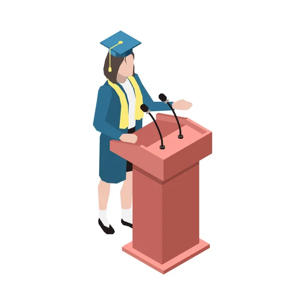 Isometric Female University Graduate Giving Speech Vector Illustration — Stock Vector