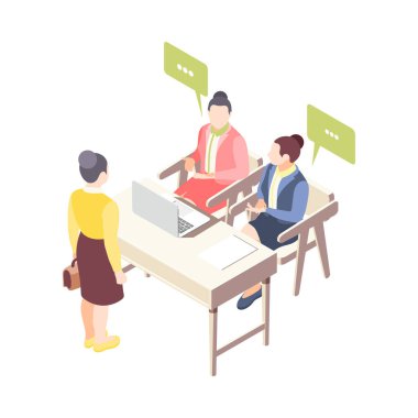 Adayların ve kadın başvuru sahibi 3d vektör illüstrasyonunun karakterleriyle yapılan Isometric iş görüşmesi