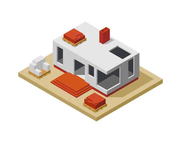 Haus Bauphase Isometrisches Symbol Mit Unfertigen Wohngebäuden Und Materialien Vektor — Stockvektor