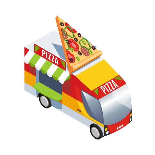 Уличный Фургон Едой Продающий Пиццу Белом Фоне Изометрическая Векторная Иллюстрация — стоковый вектор