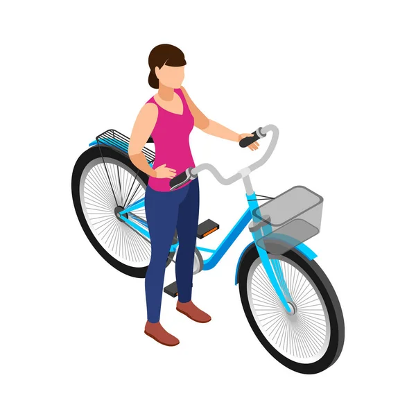 白色底色3D矢量图上有蓝色自行车的等距妇女 — 图库矢量图片