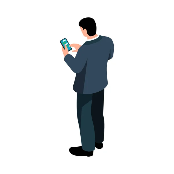 男ポーズアイコンとともに等角文字でビジネススーツチャット上の電話3Dベクトルイラスト — ストックベクタ