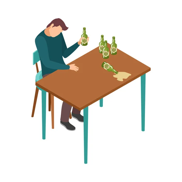 Alkoholizmus Izometrikus Ikon Férfi Sörivással Asztalnál Vektor Illusztráció — Stock Vector