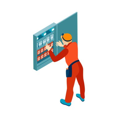 Isometric elektrik bileşimi, boş arkaplan vektör illüstrasyonunda izole bir şekilde çalışan elektrik tugayı üyesinin görüntüsüne sahip.