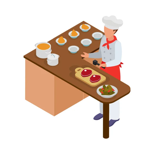 Cozinhar Composição Isométrica Com Caráter Humano Cozinheiro Com Utensílios Cozinha — Vetor de Stock