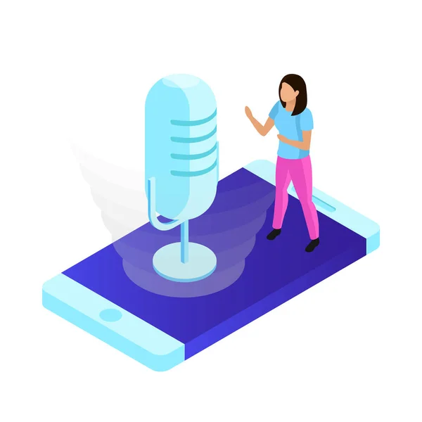 Voice Control Isometric Composition People Controlling Smart Devices Speak Commands — Stock Vector