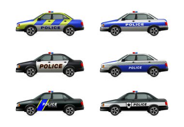 Polis arabaları belediye araçları ile kurulmuş gerçekçi izole vektör illüstrasyonları