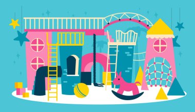 Çocuk oyun odası kompozisyonu, çocukların oyun parkının önü, şato merdivenleri topları ve renkli oyuncak vektör çizimleri.