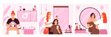Beauty service compositions set with hairstyle and makeup flat isolated vector illustration clipart