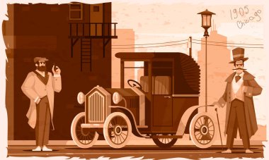 Eski tarz giyinmiş erkeklerin olduğu erkek çizgi film posteri ve retro oto sepia vectro illüstrasyon