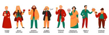 Marie Curie Albert Einstein, Nikola Tesla Nicholas Copernicus ve diğer izole vektör illüstrasyonlarının düz karakterleriyle büyük bilim adamları renk seti.