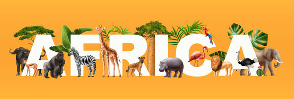Realistic africa horizontal poster with composition of text letters images of exotic trees and wild animals vector illustration