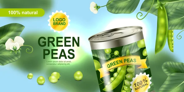 現実的な缶詰の汗エンドウ豆の広告ポスター緑豆の植物や花のベクトルイラスト — ストックベクタ