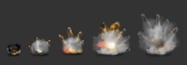 Realistische Bombenexplosionsstufen Mit Feuerrauch Und Funkenflug Isoliert Vor Dunklem Hintergrund — Stockvektor