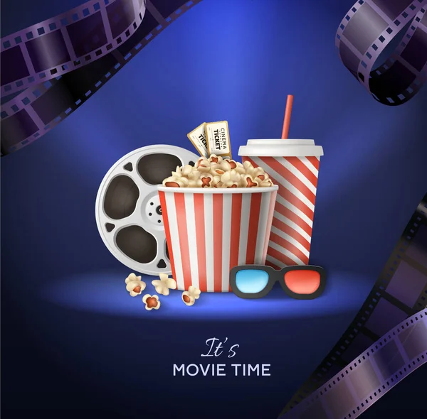 Kino Realistický Plakát Osvětleným Vědro Popcorn Drink Brýle Navijáky Vstupenky — Stockový vektor