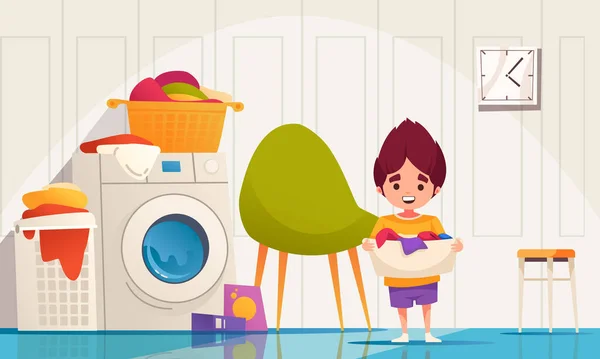 Παιδική Καθαριότητα Κινουμένων Σχεδίων Αγόρι Κρατώντας Πλυμένα Ρούχα Διανυσματική Απεικόνιση — Διανυσματικό Αρχείο
