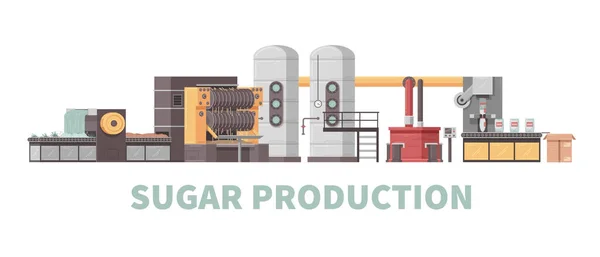 Koncept För Sockerproduktion Med Tvättning Kokande Centrifugering Och Förpackning Tecknad — Stock vektor