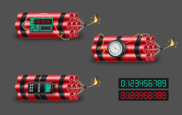 Bombas Dinamita Con Mechas Combustión Temporizadores Conjunto Realista Aislado Ilustración — Vector de stock