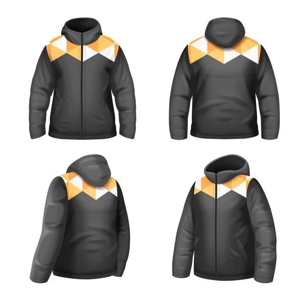 男性黒黄色と白の冬のジャケット現実的なセットフロントとバックビュー独立したベクトルイラスト — ストックベクタ